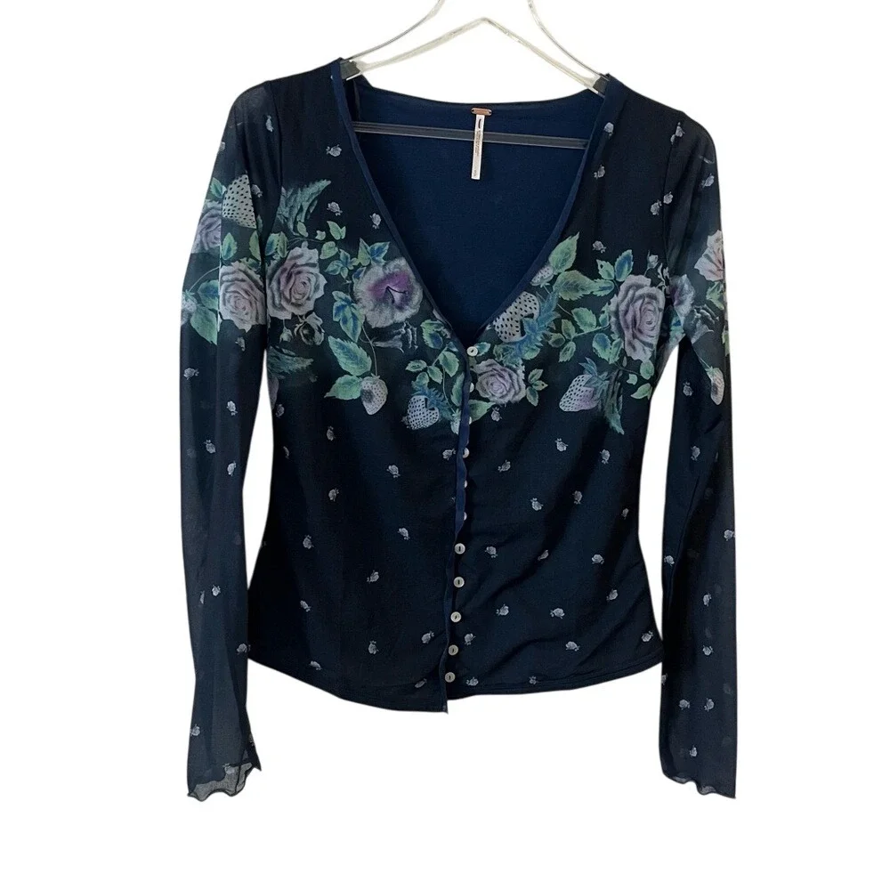 Free People Home Grown Mesh‎ Cardi Navy Blue Combo Floral Button down Small NWOT